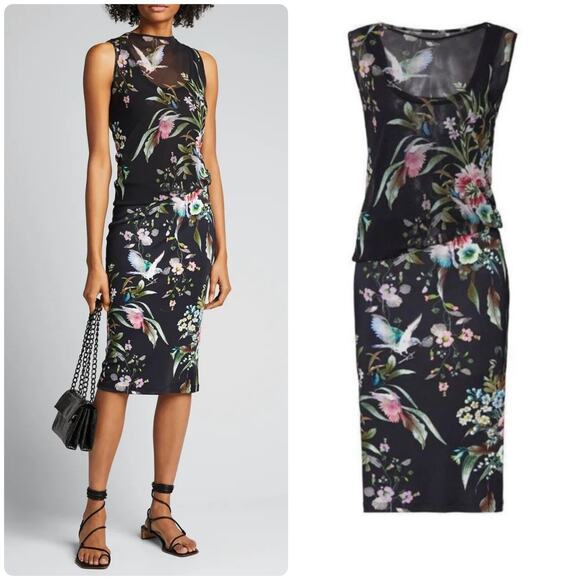 Fuzzi Bouquet Floral Hummingbird Print Sleeveless Tulle Jersey Sheath Dress - Picture 1 of 16